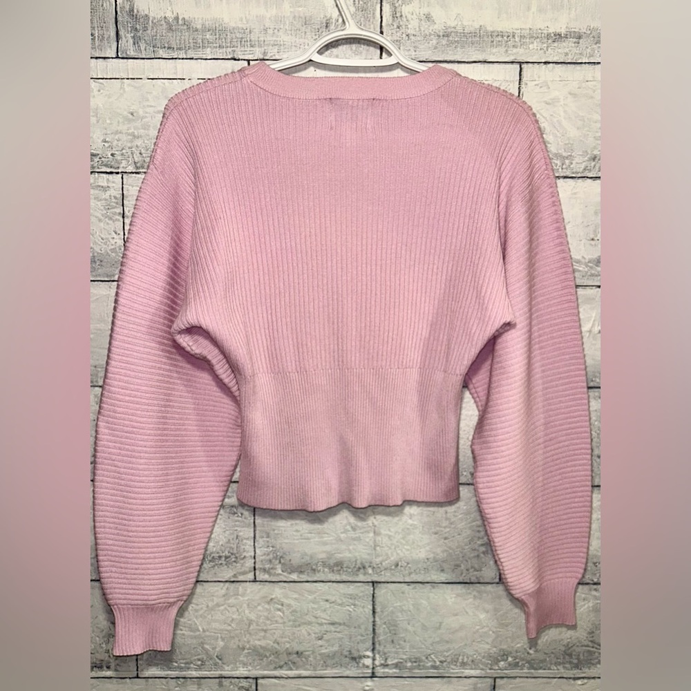 Pink Rose Sweater Crew Neck Ribbed Knit Cropped Balloon Sleeve Soft Pink Size XS - Picture 5 of 6